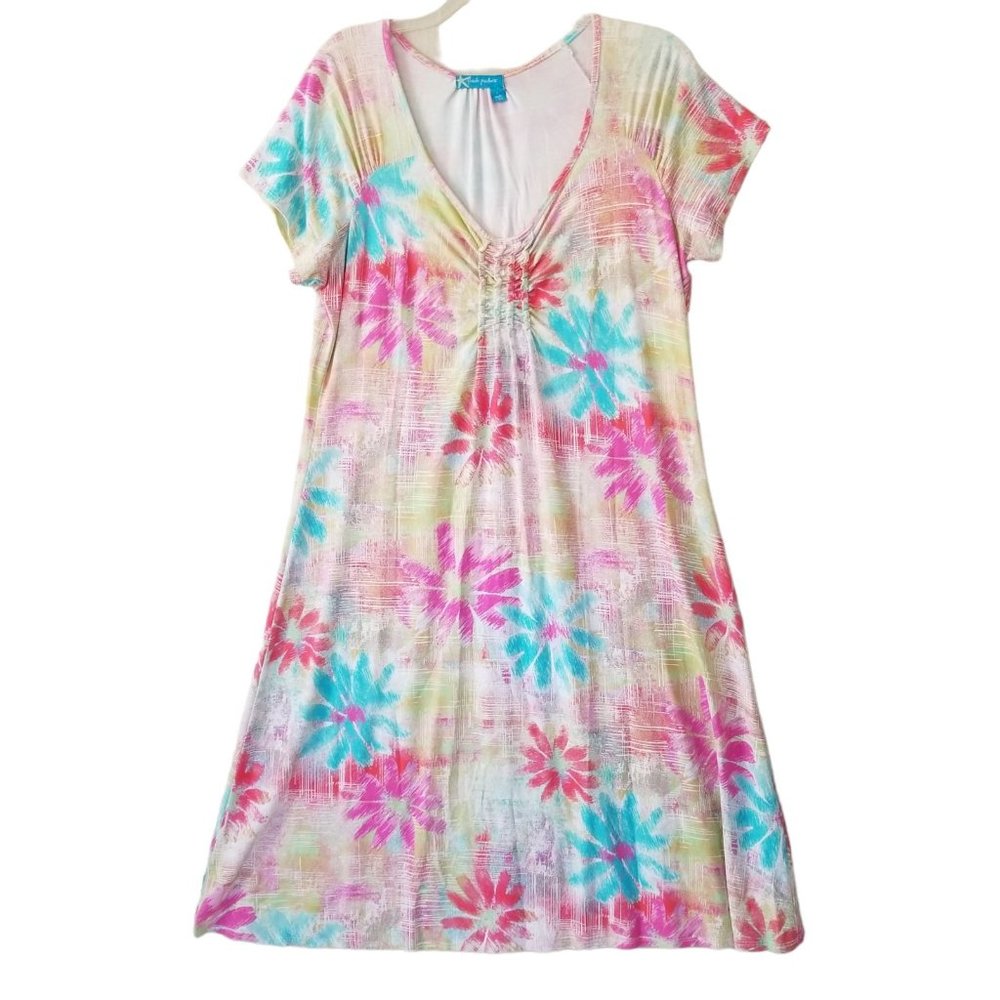 Bright Floral V-Neck Summer Dress - Pastel Pink & Blue